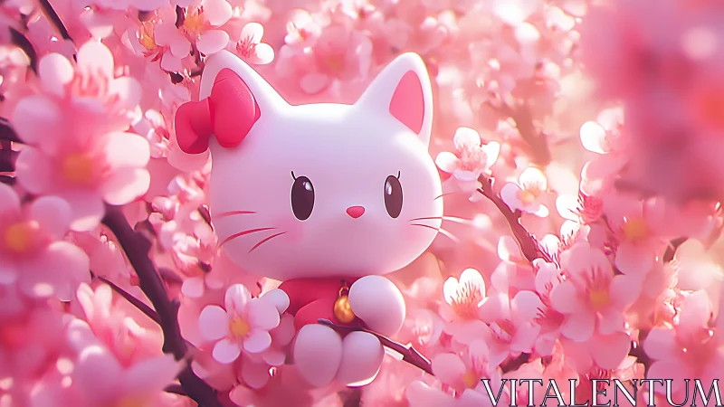 Cartoon cat figure among dense pink cherry blossoms.