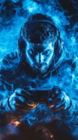 Focused gamer grips controller within intense blue energy glow