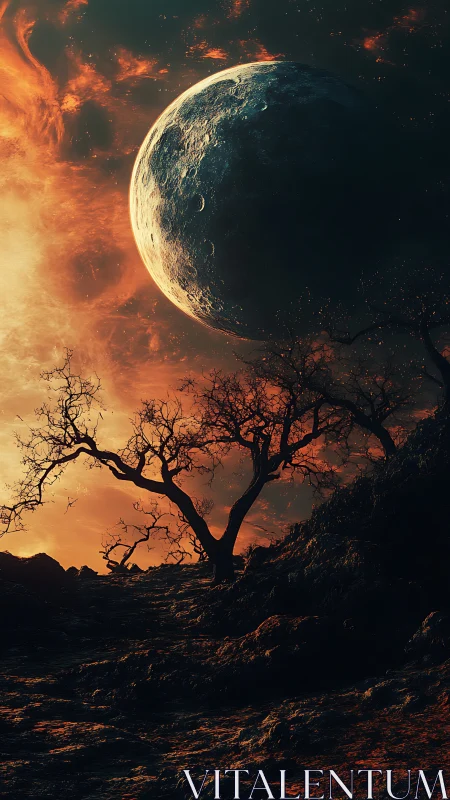 Crescent planet over barren ridge and twisted trees.