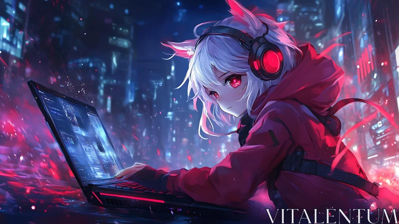 Cat eared gamer at laptop in neon cyberpunk streetscape.