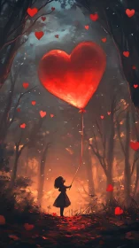 Child Holding Glowing Heart Balloon Among Forest Trees.