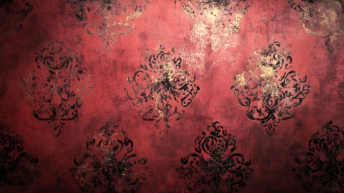Ornate baroque damask pattern on distressed red ground.