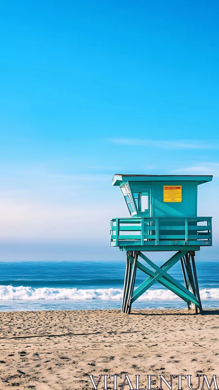 Turquoise lifeguard tower stands on sandy ocean beach