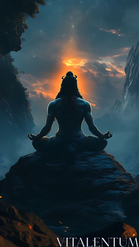 Meditating figure on mountain rock before glowing sky.