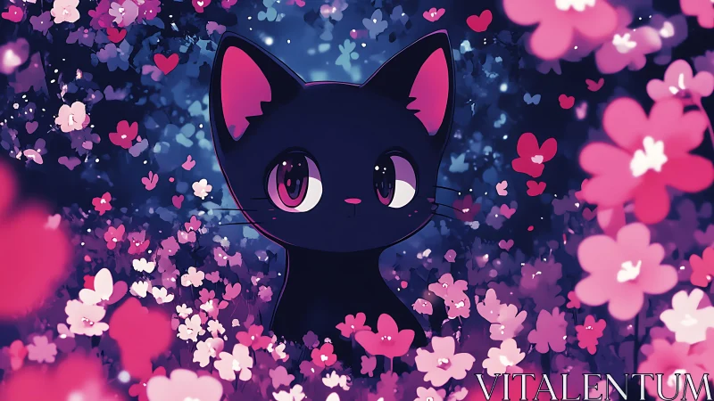 Stylized black cat with large anime eyes in bokeh flower field