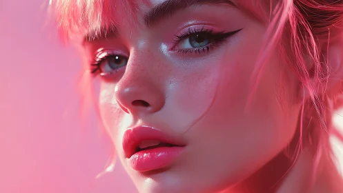 Digital close-up render depicts stylized female face in pink light