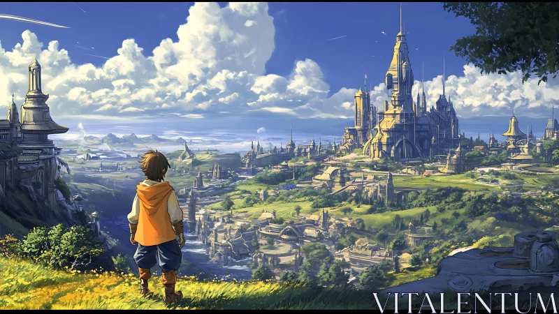 Young explorer overlooking luminous fantasy citadel.