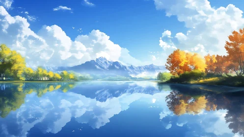 Mountain lake landscape shows mirrored autumn shoreline reflection