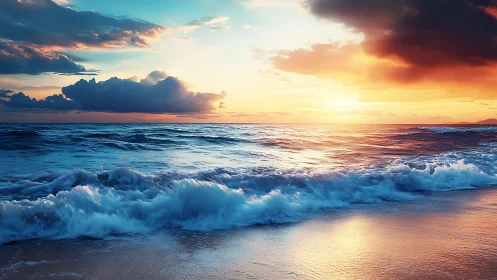 Sunlit surf kisses twilight clouds on a glowing horizon.