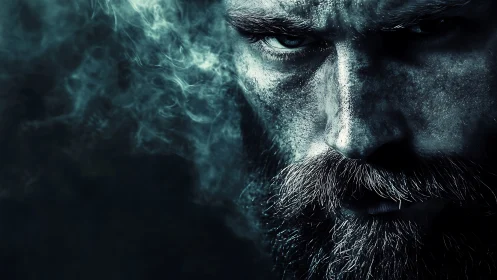 Bearded man glares through swirling blue smoke in shadow