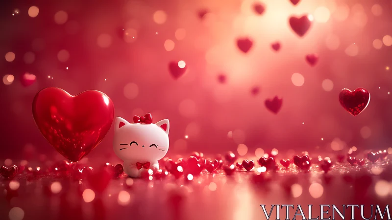 White Cat with Red Heart Balloon, Pink Valentine Scene.