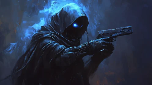 Cybernetic cloaked marksman with luminous blue optics poised.