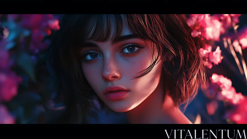 Digital portrait study with floral bokeh and cinematic lighting.