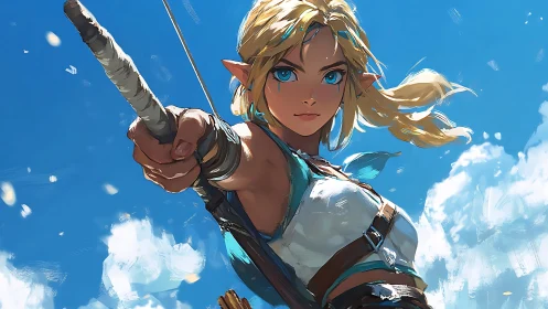 Elf archer girl draws bowstring toward viewer in sky scene