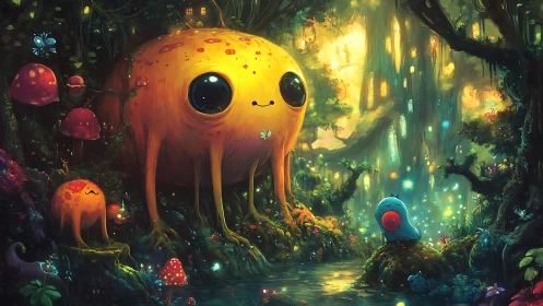 Glowing forest guardians with cute creatures at stream.