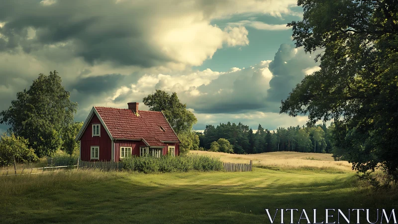 Red country house stands in open field under heavy clouds.