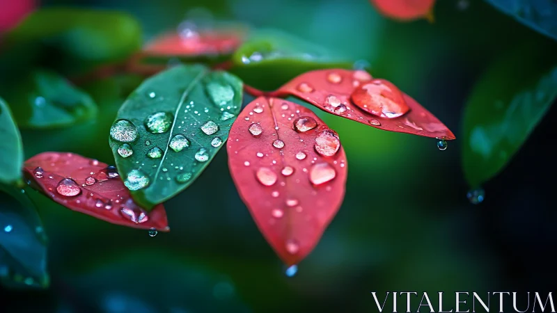 Dewlit red and green leaves in vivid macro stillness.