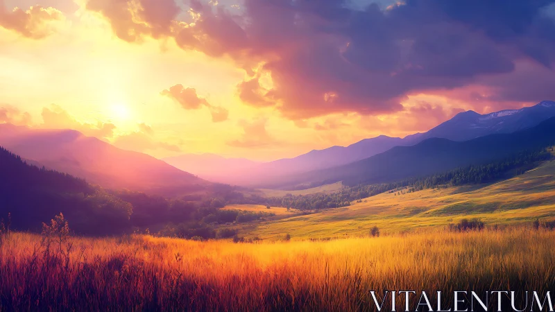 Spectral gradient sunset over volumetric mountain valley field.