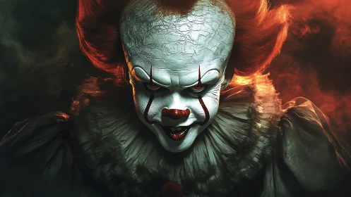 Close frontal view of sinister clown in dramatic lighting.
