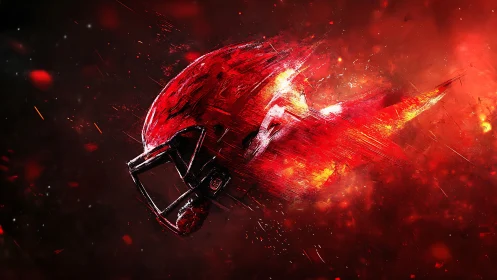 Fragmented crimson football helmet in kinetic flame burst.