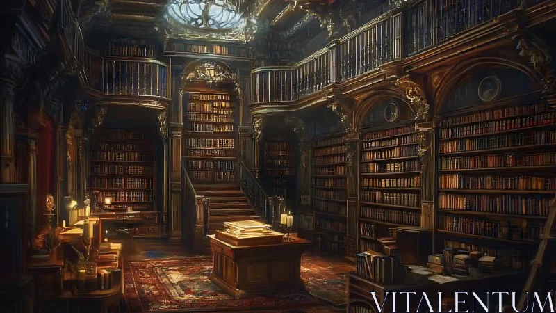 Grand digital library hall with ornate shelves and light.