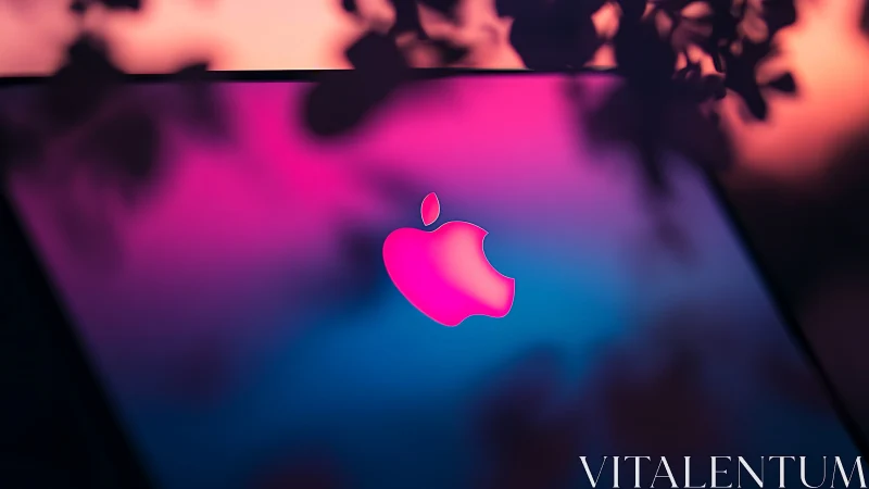 Neon pink tech logo on gradient glass under dusk bokeh glow.
