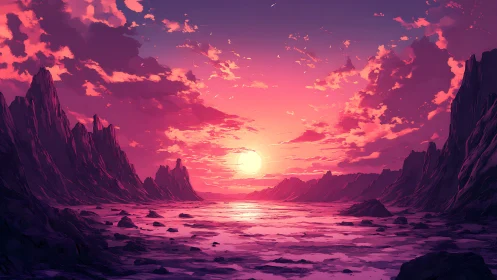 Crimson alien coastline under vivid setting sun sky.