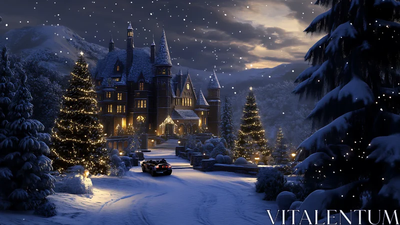 Snow-covered manor stands illuminated amid winter landscape