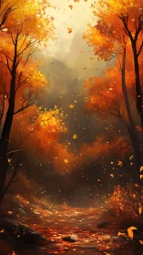 Autumn Forest Path Engulfed in Golden Falling Leaves.