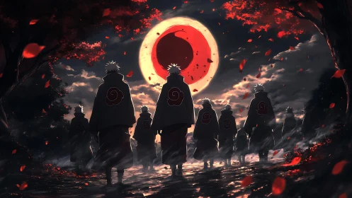 Crimson moon summons cloaked figures beneath falling embers.