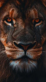 Lion portrait reveals fierce amber gaze and rich detail.