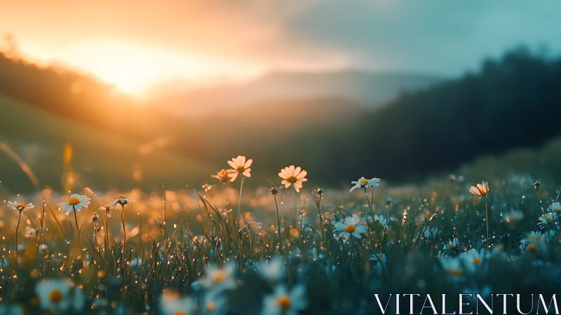 Backlit dew-kissed wildflower meadow at golden sunrise