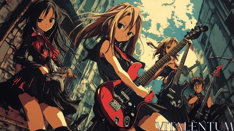 Anime girl rock band storms ruined urban alleyway stage.