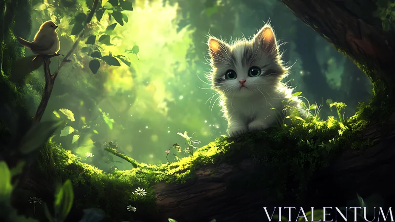 Luminescent Kitten Rests on Mossy Forest Log.