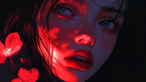 Luminous red petals cast dreamy light on a thoughtful face