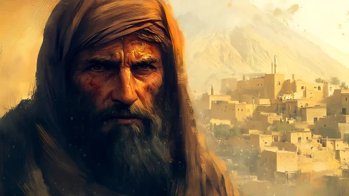 Desert elder portrait beside sunlit hillside village.