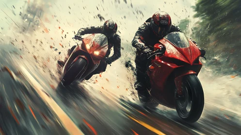 High-speed sportbike duel on rain-soaked urban highway.