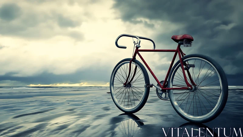 Red fixed-gear bicycle positioned on wet sand surface