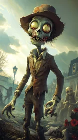 Stylized undead scarecrow in tattered suit under eerie sky.