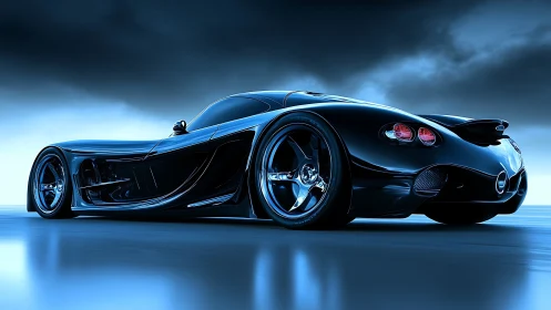 Sleek black futuristic supercar on glossy blue surface.