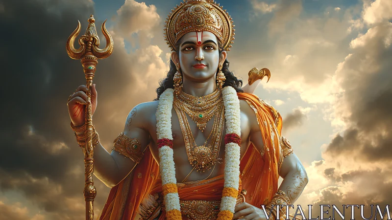 Digital rendering shows ornate deity figure before clouded sky