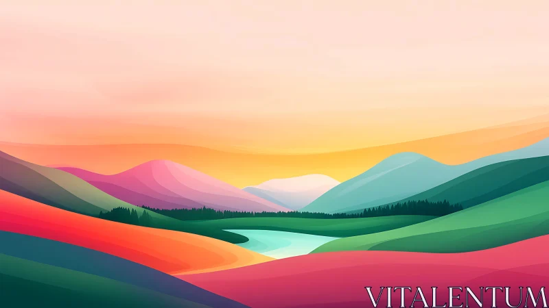 Multicolor gradient hillsides with stylized river at sunrise
