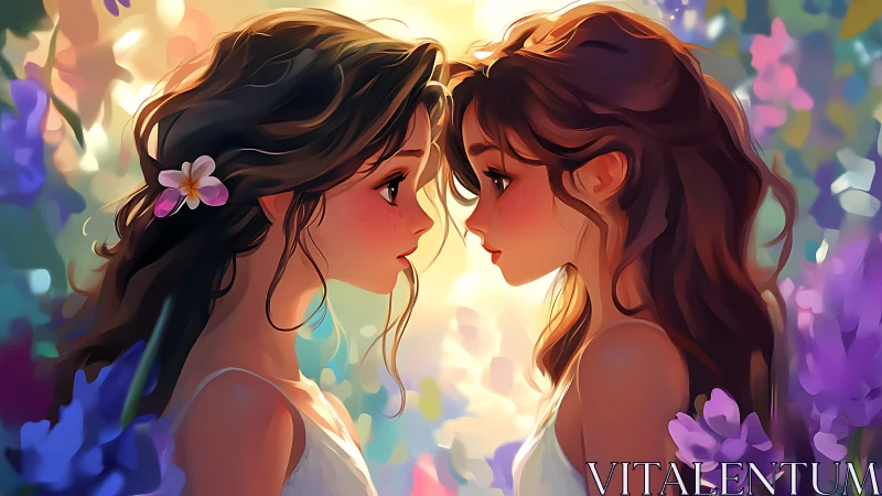 Two Women Facing in Floral Fantasy Light.