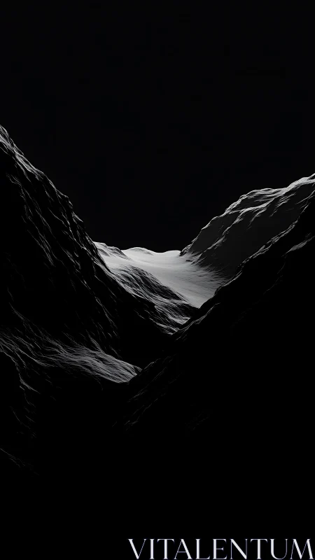 Minimalist 3D glacial valley under dramatic low-key lighting.