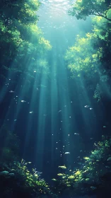 Sunlit forest lagoon glows with serene underwater light
