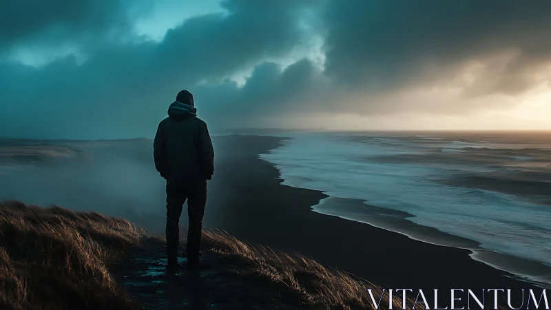 Solitary hooded figure on storm-lit coastal cliffside shoreline