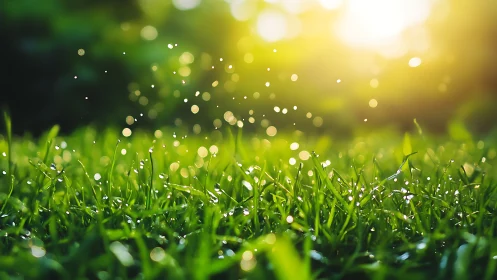 Optical macro study of dew-laden grass under backlit sunrise.