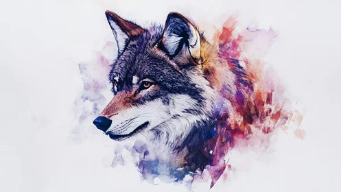 Watercolor digital wolf portrait with abstract chromatic wash.