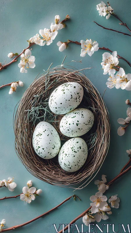 Speckled eggs cradle spring whispers in a teal blossom nest.