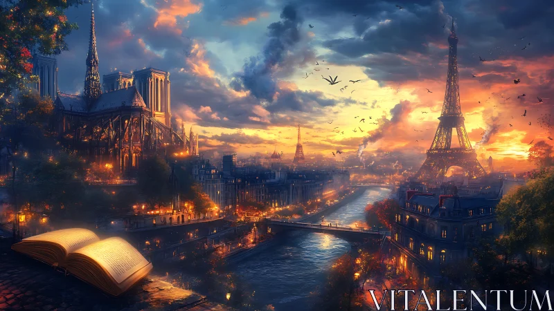 Enchanted Parisian skyline with glowing book at sunset.
